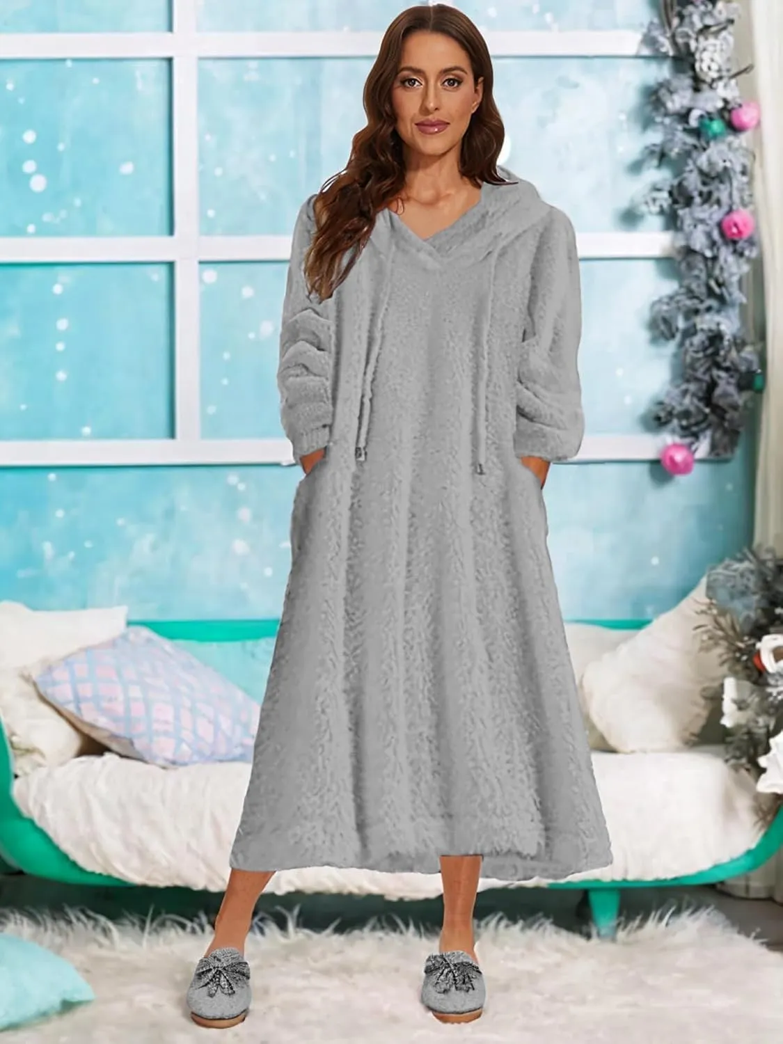 Yoolin Womens Fall Winter Fuzzy Fleece Hooded Long Dress Plus Size Sherpa Long Sleeve Nightgown with Pockets