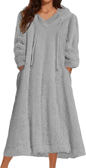 Yoolin Womens Fall Winter Fuzzy Fleece Hooded Long Dress Plus Size Sherpa Long Sleeve Nightgown with Pockets
