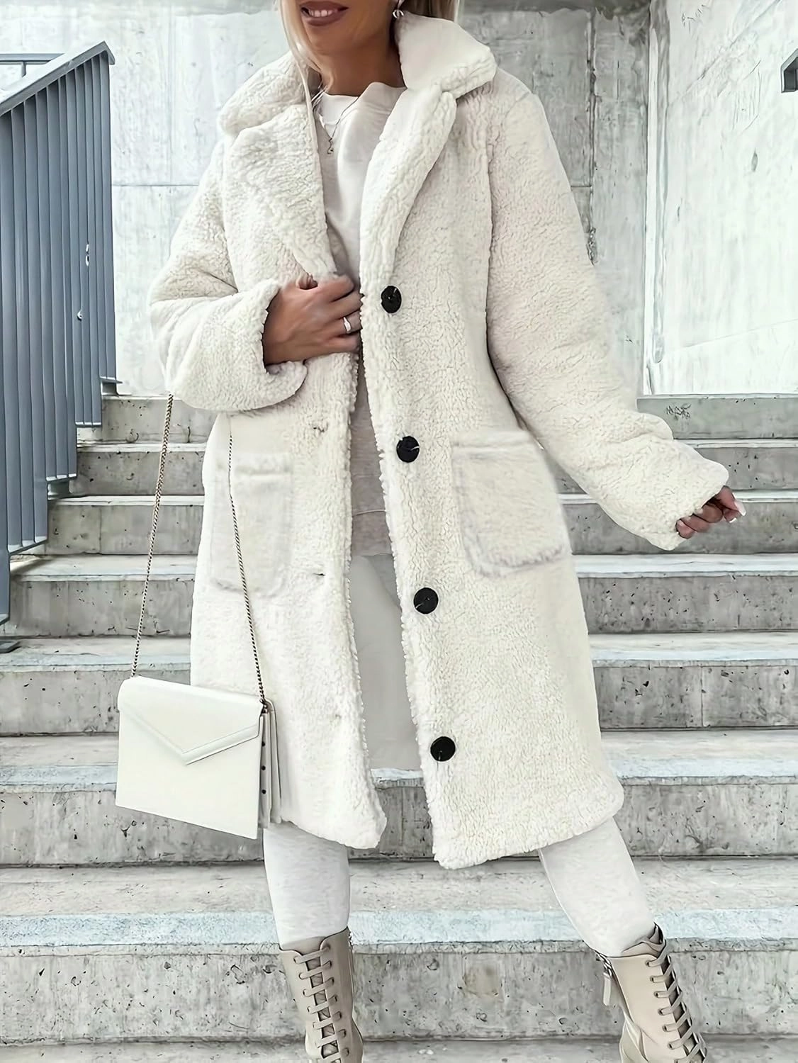 Yoolin Women's Winter Plush Thick Coat Lapel Button Casual Warm Long Overcoat