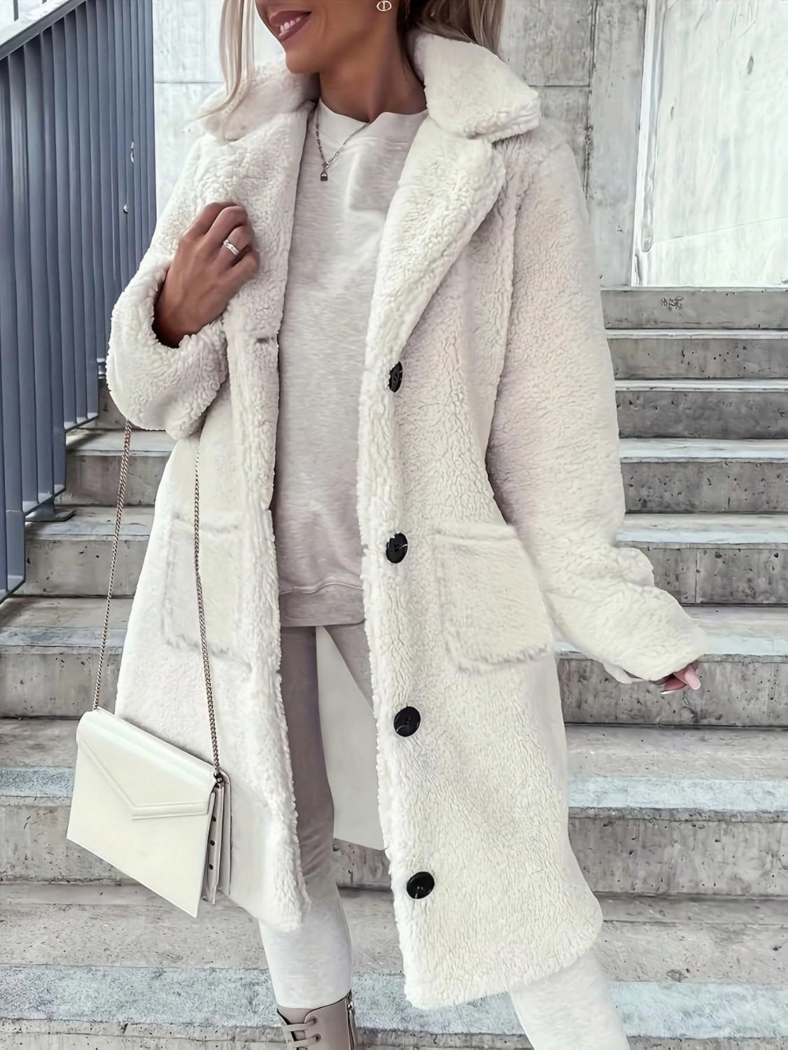Yoolin Women's Winter Plush Thick Coat Lapel Button Casual Warm Long Overcoat