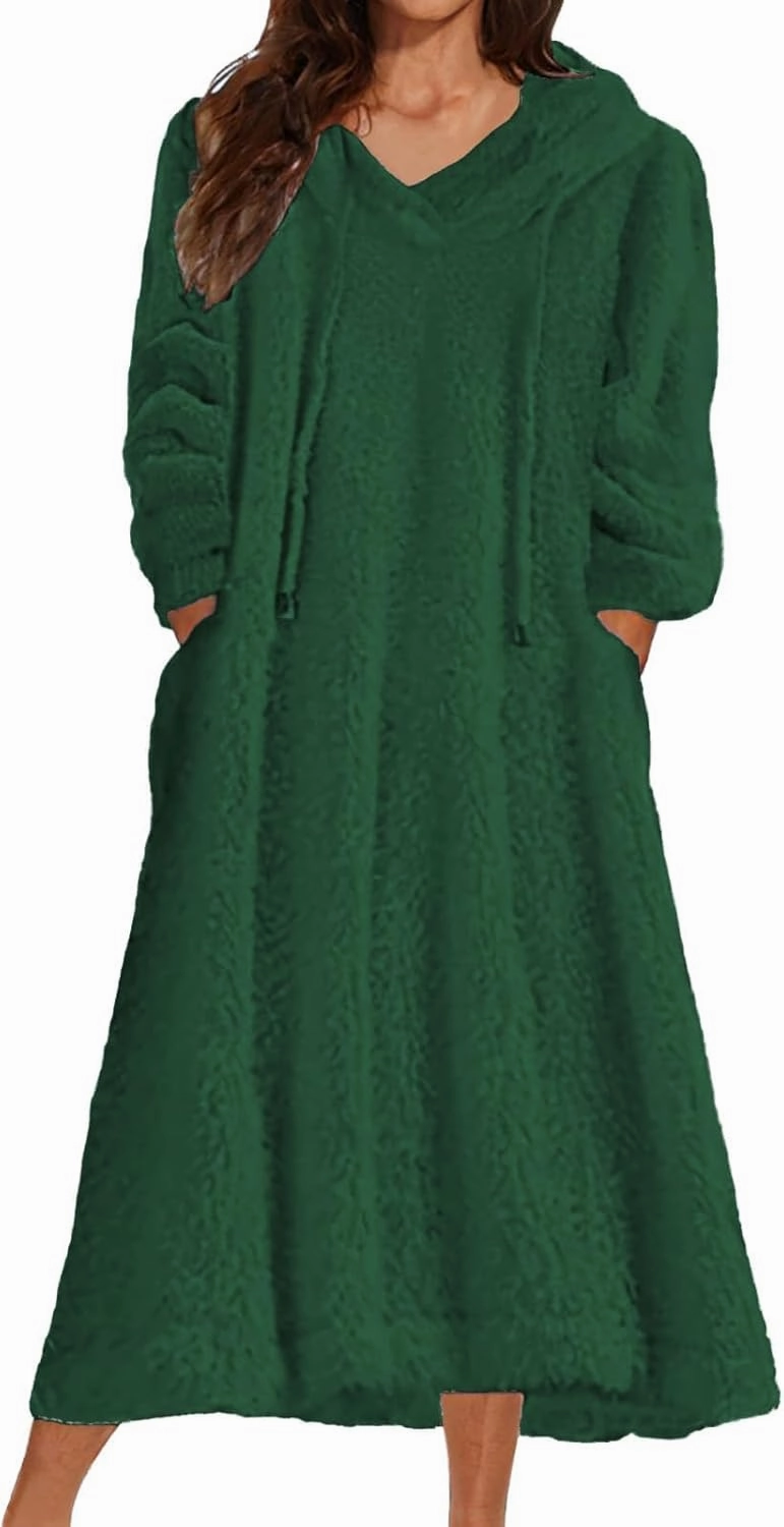 Yoolin Womens Fall Winter Fuzzy Fleece Hooded Long Dress Plus Size Sherpa Long Sleeve Nightgown with Pockets
