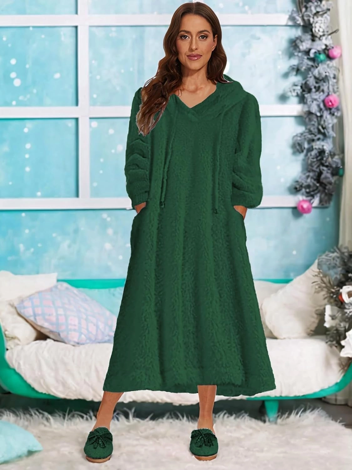 Yoolin Womens Fall Winter Fuzzy Fleece Hooded Long Dress Plus Size Sherpa Long Sleeve Nightgown with Pockets