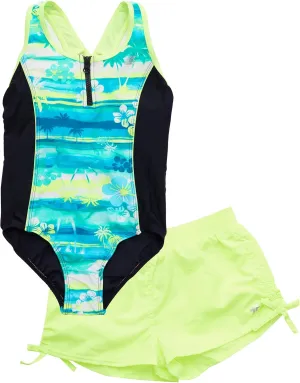 ZeroXposur Big Girls' One Piece Swimsuit with Board Short