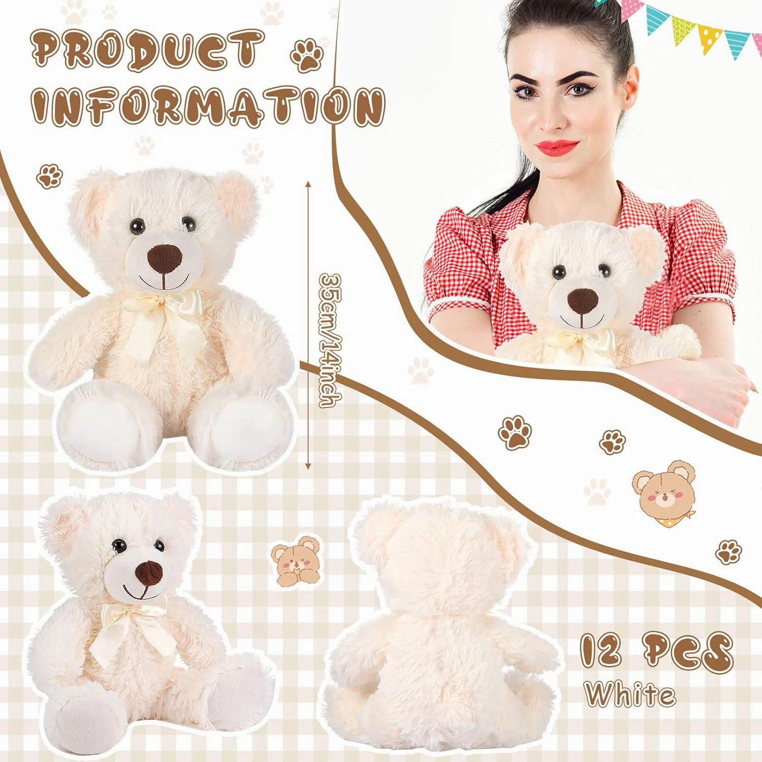Zhanmai 12 Pcs 14 Inch Bear Stuffed Animal Bulk Operation 2025 Graduation Gifts Bulk Plush Stuffed Bear for Bridal Anniversary Shower Gifts(White)