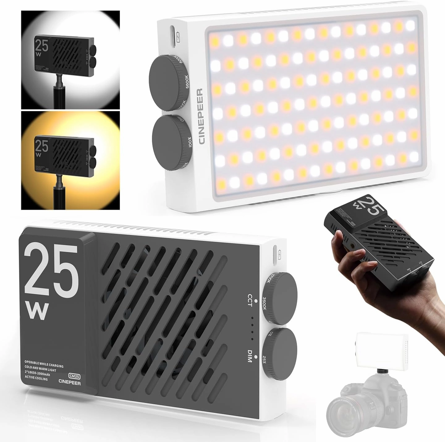 ZHIYUN CINEPEER CM25 LED Video Light 25W Bi-Color Pocket-Sized Mini Portable Light Built-in 2 * 2000mAh PD Fast Charge Photography Light 14000 Lux@ 2700K-6200K CRI 96 /TLCI 97 