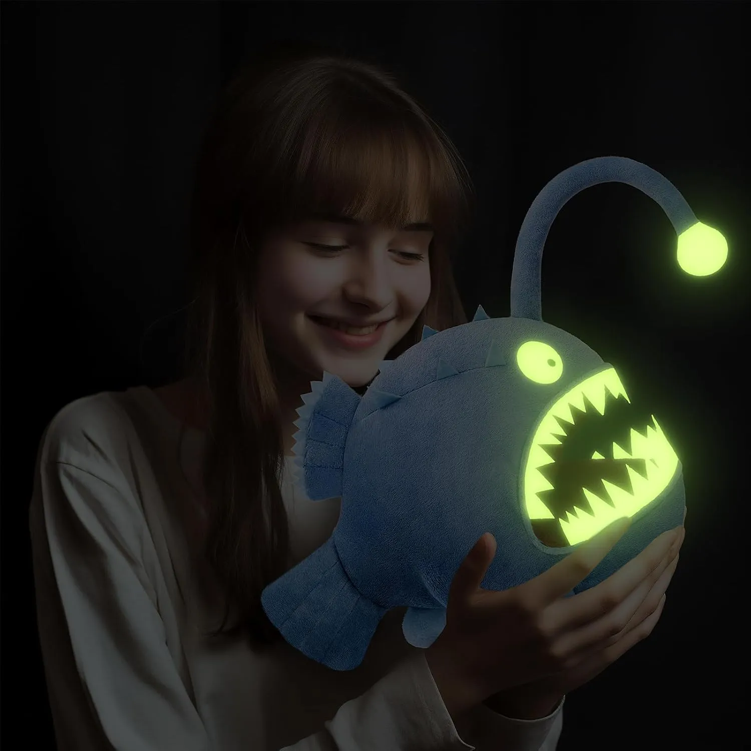 ZHONGXIN MADE Luminous Anglerfish Plush Toy - 12" Blue Anglerfish Creepy Stuffed Animals, Blue Creepy Sea Life Goosefish Lanternfish Plushie, Gift Toys for Kids Birthday Gifts Glow in The Dark