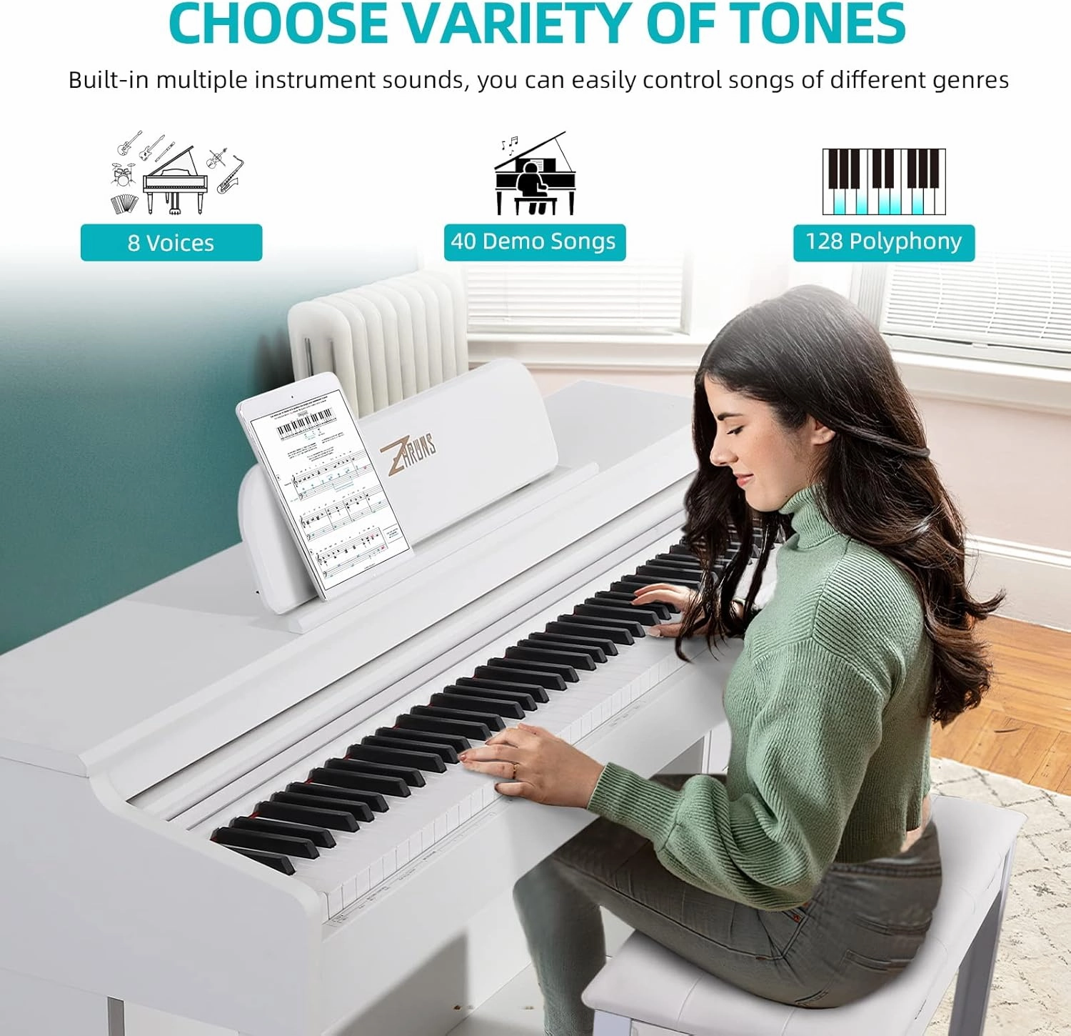 ZHRUNS Digital Piano, 88 Key Weighted Keyboard Piano, Full-size Electric Piano Keyboard with Sheet Music Stand, Triple Pedal, Power Adapter, Supports USB-MIDI Connecting (White)