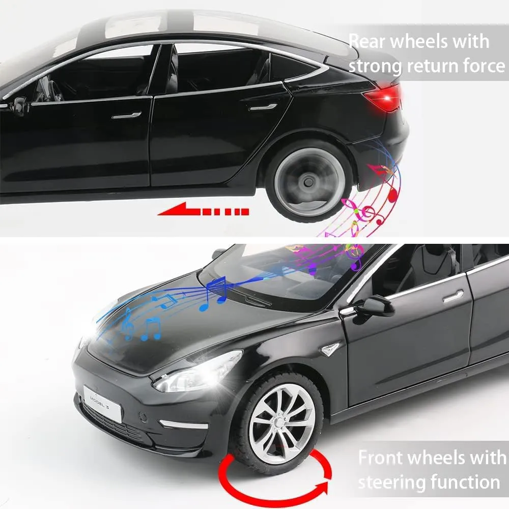 Zinc Alloy Model 3 Car Model,1:24 Scale Simulation Casting car Model Pull Back Diecast Toy Car, Mini Vehicles Toys with Lights and Music for Toddlers Kids Children Birthday Gift(Black)