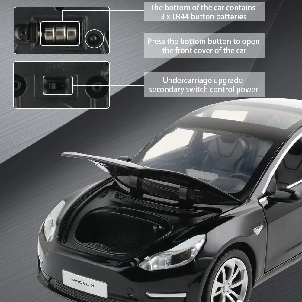 Zinc Alloy Model 3 Car Model,1:24 Scale Simulation Casting car Model Pull Back Diecast Toy Car, Mini Vehicles Toys with Lights and Music for Toddlers Kids Children Birthday Gift(Black)