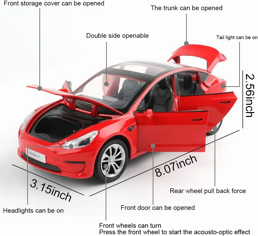 Zinc Alloy Model 3 Car Model,1:24 Scale Simulation Casting car Model Pull Back Diecast Toy Car, Mini Vehicles Toys with Lights and Music for Toddlers Kids Children Birthday Gift(Red)
