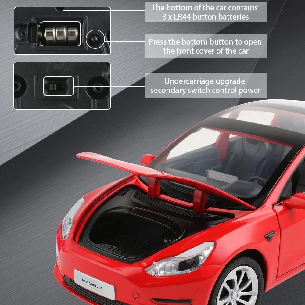 Zinc Alloy Model 3 Car Model,1:24 Scale Simulation Casting car Model Pull Back Diecast Toy Car, Mini Vehicles Toys with Lights and Music for Toddlers Kids Children Birthday Gift(Red)