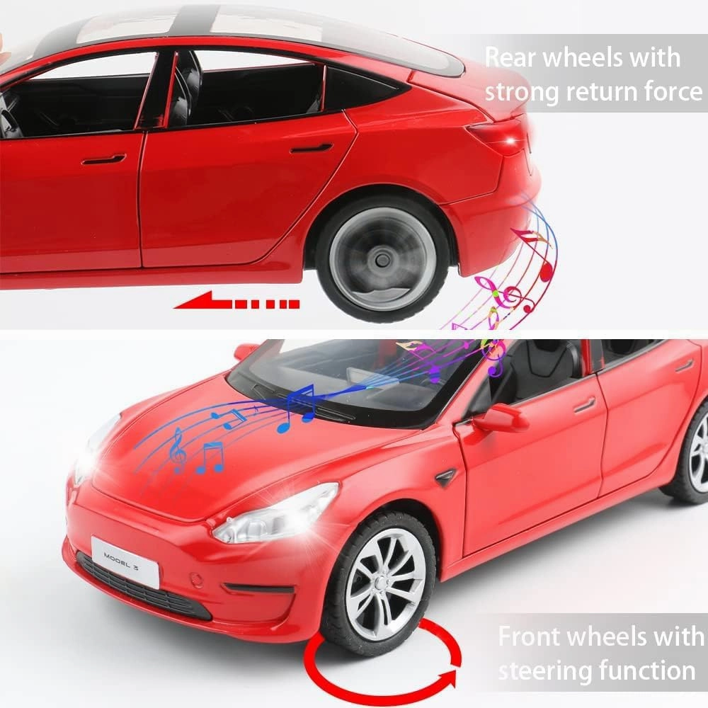 Zinc Alloy Model 3 Car Model,1:24 Scale Simulation Casting car Model Pull Back Diecast Toy Car, Mini Vehicles Toys with Lights and Music for Toddlers Kids Children Birthday Gift(Red)