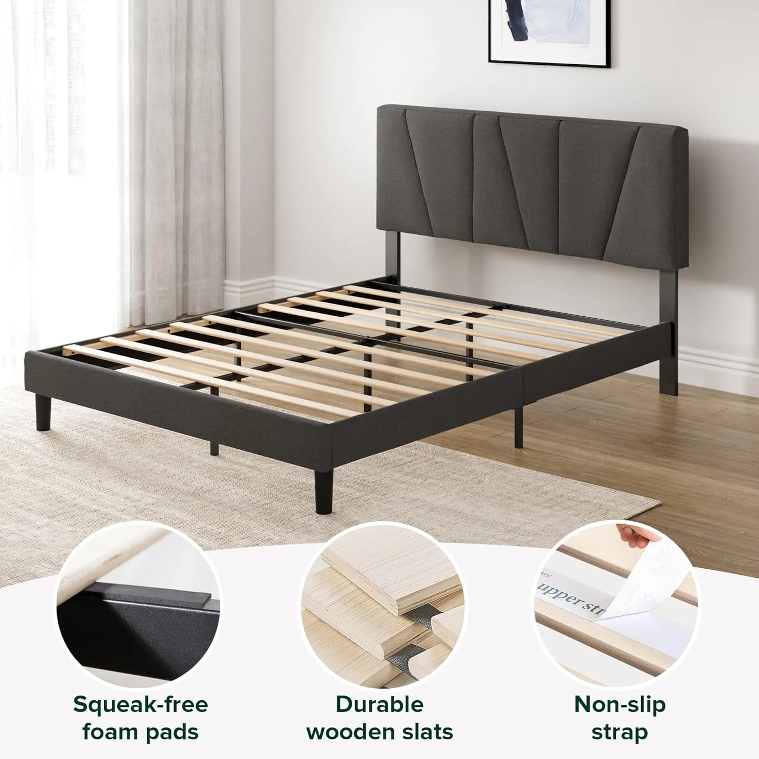 ZINUS Full Maya Upholstered Bed Frame with Asymmetric Headboard, Durable Wooden Slats, Sturdy Framework, Noise Free Sleep, No Box Spring Needed, Easy Assembly, Eco Friendly Packaging, Dark Grey