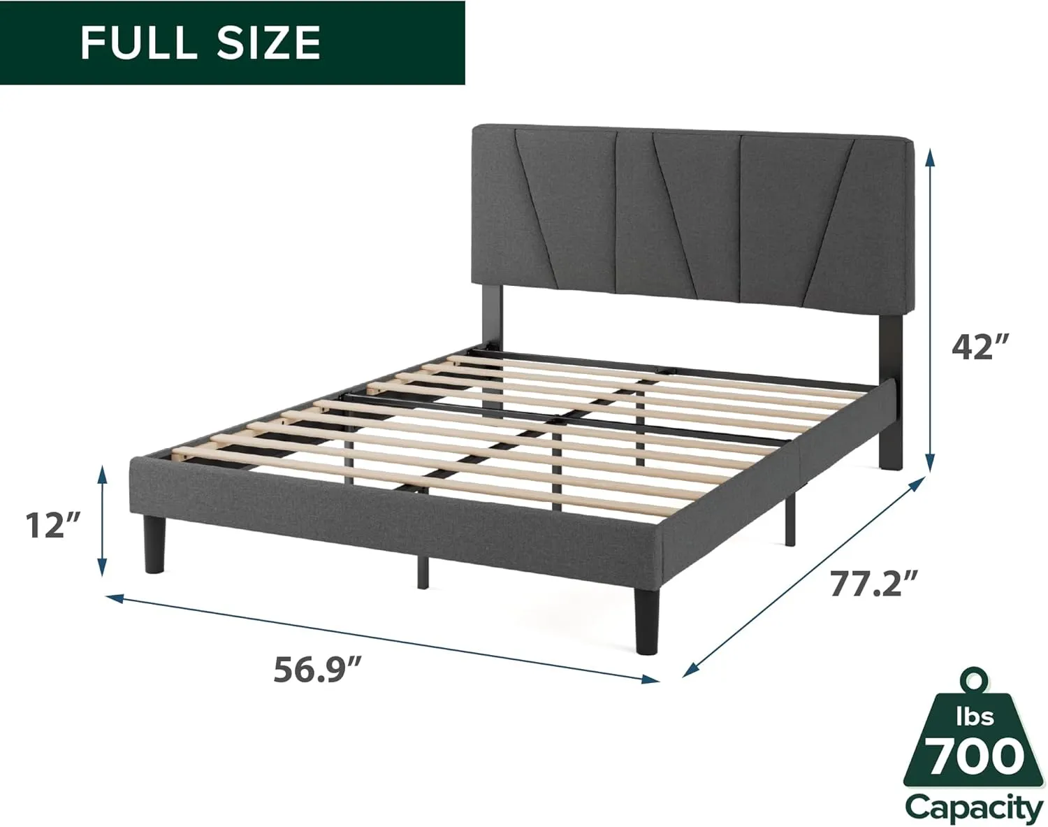 ZINUS Full Maya Upholstered Bed Frame with Asymmetric Headboard, Durable Wooden Slats, Sturdy Framework, Noise Free Sleep, No Box Spring Needed, Easy Assembly, Eco Friendly Packaging, Dark Grey